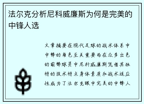法尔克分析尼科威廉斯为何是完美的中锋人选