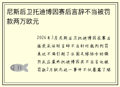 尼斯后卫托迪博因赛后言辞不当被罚款两万欧元 尼斯后卫托迪博因赛后言辞不当被罚款两万欧元